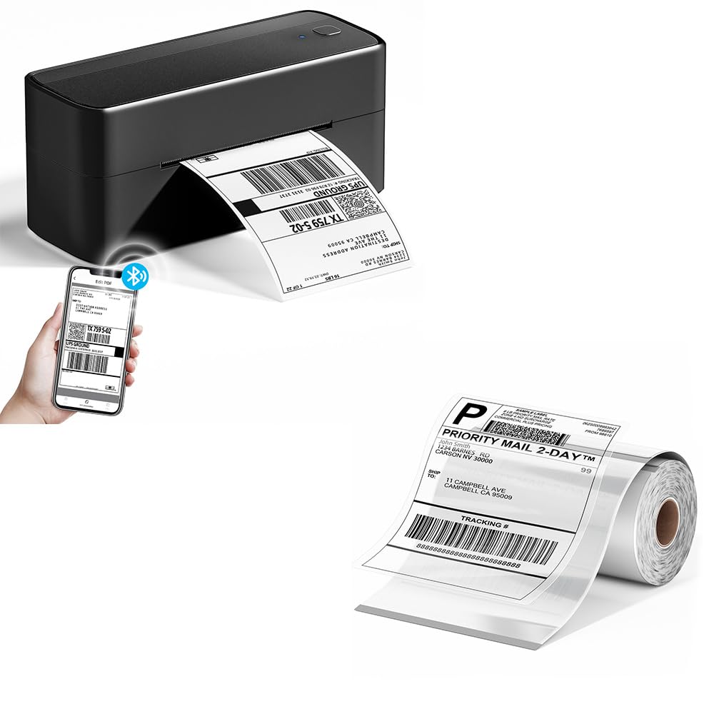 Phomemo Bluetooth Etikettendrucker mit 100 transparenten Etiketten Bundle, 4x6 Versandetiketten Drucker unterstützt DHL, DPD, UPS, Thermodrucker für E-Commerce & Kleinunternehmen, iOS & Android