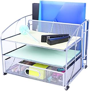 EXERZ Mesh Desk Organiser Office Supplies 3 Trays/Desktop File Holder with Sliding Drawer and Hanging File Holder/Paper sorters/Vertical Upright Section for Office Home Multifunctional (Silver New)