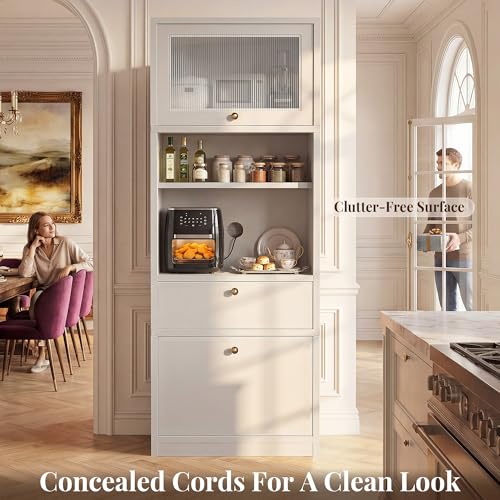 Image of 71 inch Tall Pantry Cabinet with Microwave Shelf & Coffee Station White | Extra Deep Storage Hutch,Adjustable Shelves,Hydraulic Lift Door,Cable Management,Drawer,Anti-Tip,Freestanding,Kitchen Storage