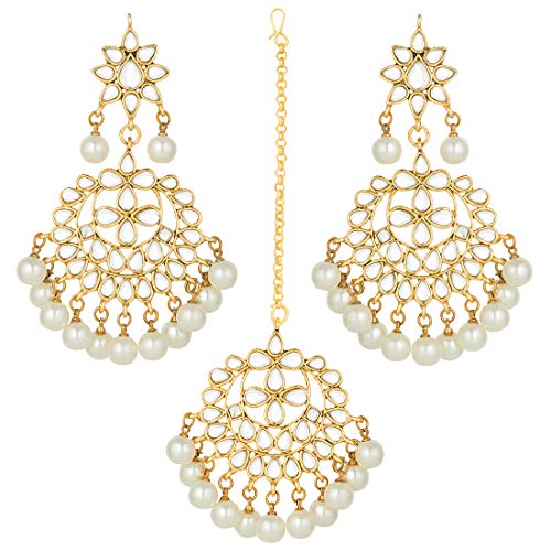 Aheli Beautiful Indian Traditional Wedding Faux Kundan Beaded Maang Tikka with Earrings Set for Women Ethnic Fashion Jewelry (White)