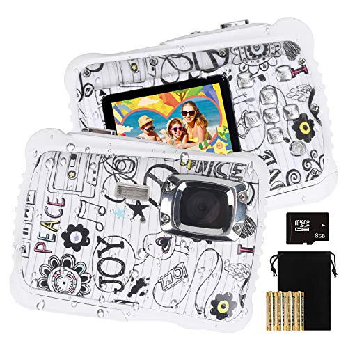Kids Camera Waterproof Digital Video Camera Underwater Camera for Boys and Girls Age 6-12 with 8G SD Card 1080P 12MP 2022 Upgraded- White