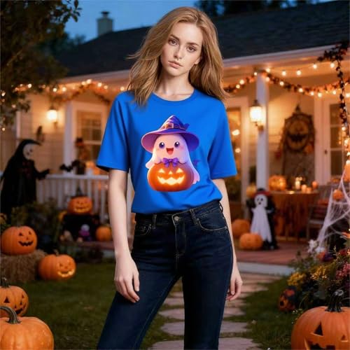 IRUD Halloween Shirts for Women - Pumpkin Ghost Wizard Hat Pattern Round Neck Short Sleeve - image 7