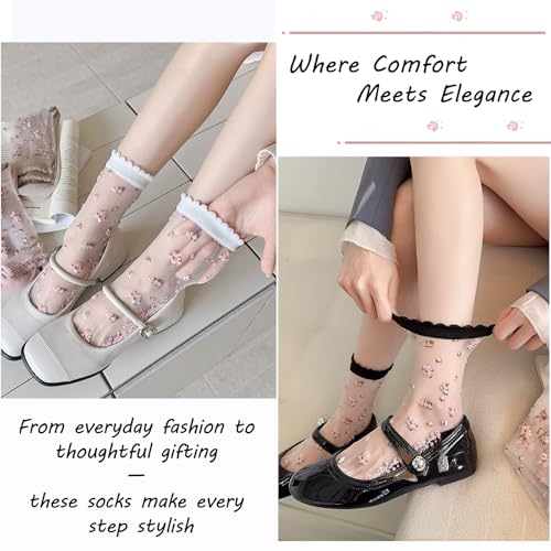DXYAKY 5 Pairs Sheer Floral Socks for Women, Embroidered Mesh Lace Ankle Socks, Breathable Summer Cute Transparent Stockings3