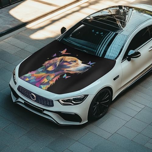 Image of Colorblock Dog Car Hood Cover, Color Golden Retriever Butterfly Washable Elastic Stretchable Polyester Protector for Car Hood, Easy Installation Automotive Accessories