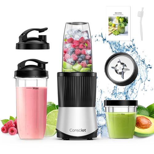 Consciot CB08 11-Piece Blender for Kitchen and Personal Size, Blend Shakes and Smoothies, Frozen Drinks, Baby Food, Spreads & More, 3 Portable To-Go Cups & 2 Spout Lids & 1 Solid Lid, 900 Peak Watts