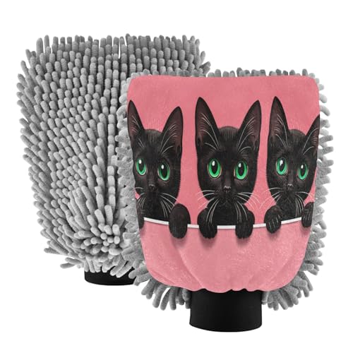 STAYTOP Three Black Cats Car Wash Mitt Microfiber, 2Pcs Scratch Free Lint-Free, Premium Chenille Microfiber Mitt Car Wash Brush-L