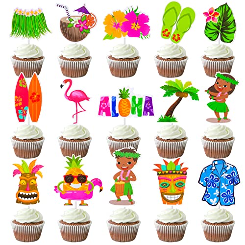32Pcs Hawaii Luau Cupcake Toppers Decoration Hawaiian Tropical Party Cupcake Toppers With Flamingo Pineapple Palm Leaves Tiki For Aloha Summer Party Supplies #TOP1