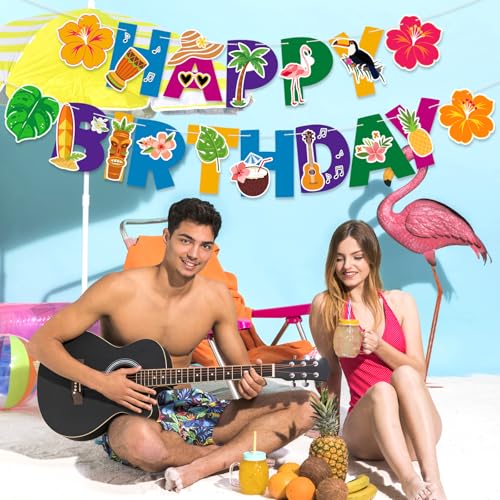 Image of Hawaiian Happy Birthday Banner Tropical Birthday Banner Colorful Hawaiian Luau Flamingo Pineapple Palm Leaf for Kids Summer Baby Shower Party Decorations Supplies