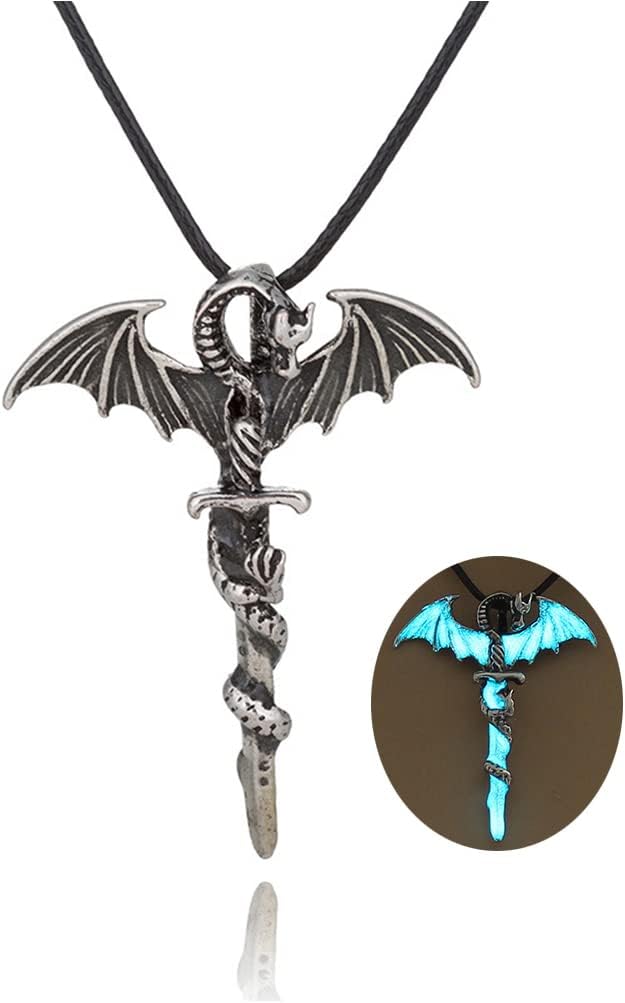 Luminous Dragon Necklace Vintage Gothic Pterodactyl Pendant Necklace Glow in the Night Dragon Sword Necklace Necklace Personality Halloween Stegosaurus Animal Jewelry for Men Women