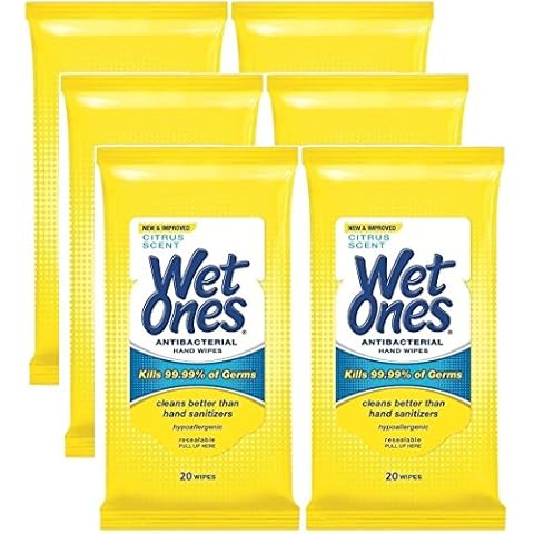 Wet Ones Antibacterial Hands & Face Wipes, Citrus Scent, 20 Count Travel Pack (Pack of 6) Cover