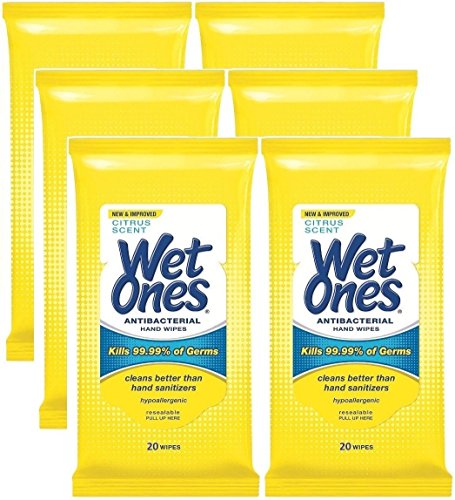 Wet Ones Hands & Face Wipes, Citrus Scent, 20 Count Travel Pack (Pack of 6)