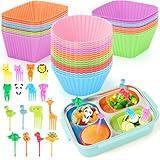 100PCS Silicone Lunch Box Dividers Kit, Reusable Silicone Cupcake Liners Muffin Cups, Fun Lunchbox Bento Box Accessories, Cute Food Picks for Kids (38 Baking Cups + 62 Animal Picks)