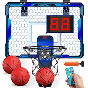 Remote Control Basketball Hoop Indoor with 7 LED Lighting, Mini Basketball Hoop with Electronic Scoreboard, 3 Modes, Over Door Basketball Hoop, Basketball Toys Gift for Kids, Adults (Blue)