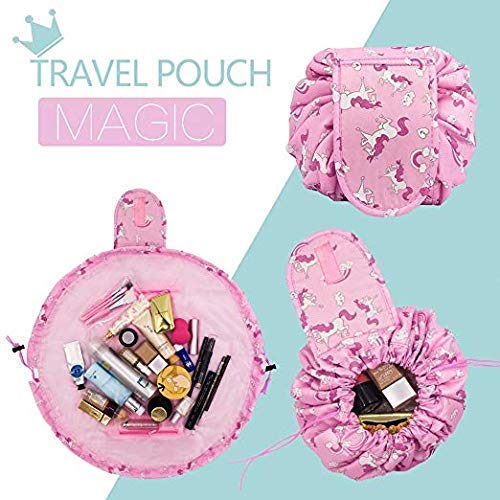 Image of Maharsh Women's Convenient and Waterproof Multifunction Portable Lazy Travel Cosmetic Storage Makeup Organizer Toiletry Bag with Drawstrings (Pink Horse)