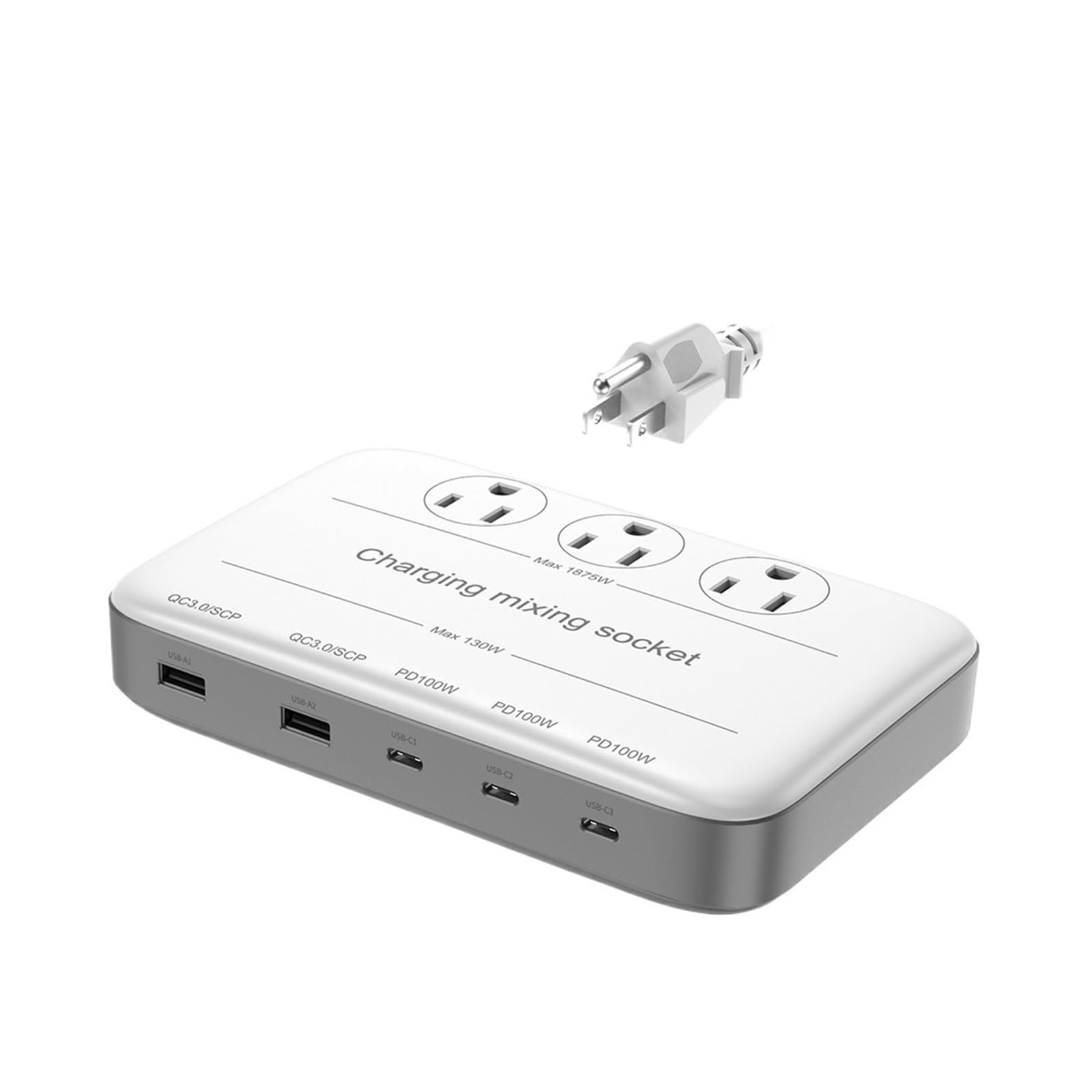 Ładowarka USB, Stacja ładująca USB C Listwa zasilająca 130 W z 3 przedłużaczami gniazdek 1875 W, 3 USB-C 100 W i 2 szybkimi ładowarkami USB-A 30 W dla smartfona