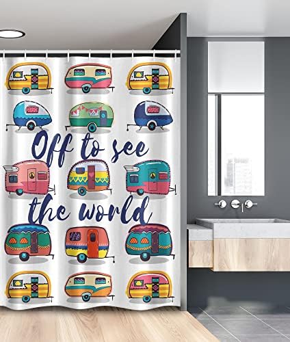 Ambesonne Camper Stall Shower Curtain, Off to See The World Inspirational Words Mini Caravans Background Vintage Trip Image, Fabric Bathroom Decor Set with Hooks, 54" W x 78" L, Multicolor image 5