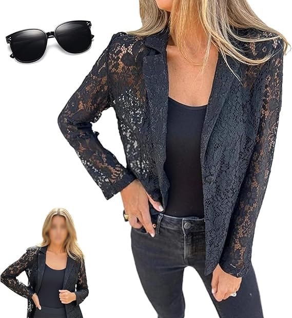 Womens Lace Blazer Open Front Button Down Sheer Mesh Blazer Elegant 3 4 Sleeve Casual Blazers Jacket