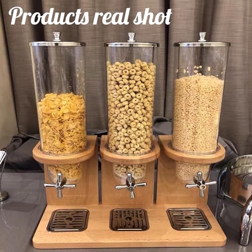 Dispenser per cereali facile da pulire, contenitore a 3 barili per alimenti secchi con secchio in PC e base in legno, per cereali da appoggio, per cucina, snack e alimenti per animali domestici
