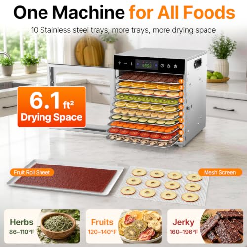 Image of HOPERAN 10 Tray Food Dehydrator Machine for Jerky, Fruit, Herb & Dog Treats | Stainless Steel, Max.196℉ Digital Temperature & Timer Control, 400W, Quiet <48dB, Including 2 Mesh Screens, 1 Fruit Roll Tray