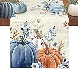 Tischläufer mit blauen und orangefarbenen Kürbissen, Vintage-Stil, Baumwollleinen, Tischläufer für Abendessen, Party, Hochzeit, Catering, Urlaub, Bauernhaus, Kommode, Schals, Dekoration, 33 x 152,4 cm