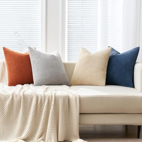 Image of MIULEE Boho Farmhouse Throw Pillow Covers 20x20 Inch Set of 4 Summer Mordern Neutral Cushion Covers Soft Corduroy Nordic Home Decor for Couch Bed Sofa Living Room Blue-Yellow