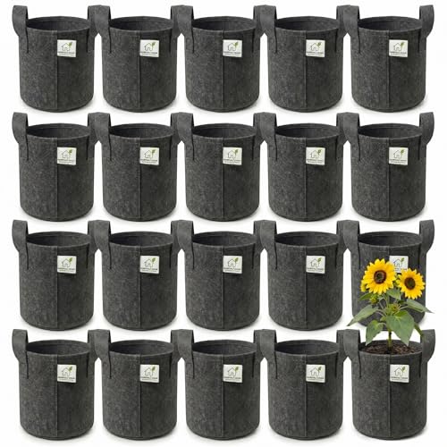 Image of 400 GSM Geo Fabric Round Grow Bags 8x8 Inch with Handle, Dark Grey Planting Bags for Terrace and Kitchen Gardening Pack of 20