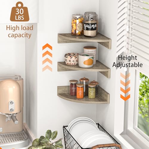 Image of Fun Memories Corner Shelf Wall Mount, Wood Floating Corner Shelves,Corner Wall Shelf for Bedroom, Bathroom, Kitchen, Living Room (Grey, 3 Pack)