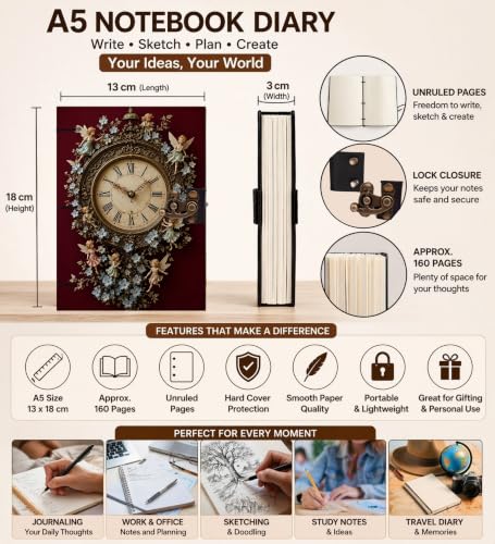 Image of Red Watch Diary Notebook 7x5 Inch 160 Pages Unruled Journal for Writing