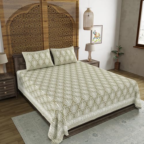 Image of BLOCKS OF INDIA Hand Block Printed 200 TC Cotton Super King Size Bedsheet (Green Pine Tree)