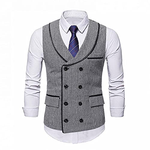 Stoota Mens Casual Suede Vest Jacket, Retro Double-Breasted Suit Vest, Classic Plaid Stripe Lapel Collar Dress Waistcoat