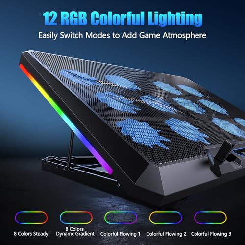 Image of Laptop Cooling Pad with 12 Quiet Fans, Slim Portable for 12-17.3 Inch Laptop Cooler Stand, RGB Lighting, with 5 Height Adjustable, Gaming Cooling Fan Pad,Two USB Ports, Phone Holder (LCD)