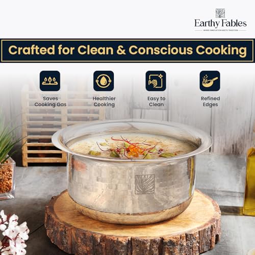 Image of Earthy Fables Hammered Stainless Steel Tope /Patila /Bhogona for Milk, Boiling - 1.25kg, Heaviest in Class, Better Nutrition, Heat Distribution, Uses Less Oil, Stove & Induction Bottom, 20cm, 3.25L