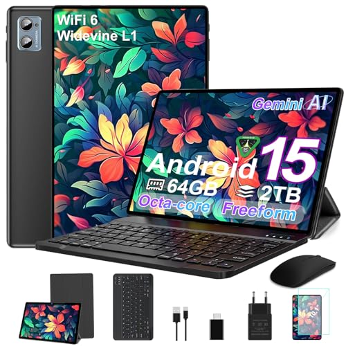 SUAAT 2026 - Tablet Android 15 Octa Core de 10 pulgadas con 64 GB RAOM +2 TB TF | 5G + 2.4G WiFi | FHD | GMS | Bluetooth 5.0 | 8MP + 5MP | Tipo C, tableta táctil con funda, teclado y ratón, color