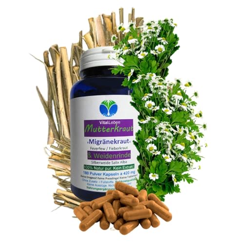 MUTTERKRAUT + WEIDENRINDE 180 Kapseln [Migränekraut Feverfew Fieberkraut] - Frauen Universalmittel nach Hildegard von Bingen. 100% NATUR pur [OHNE ZUSATZSTOFFE] 26685-180