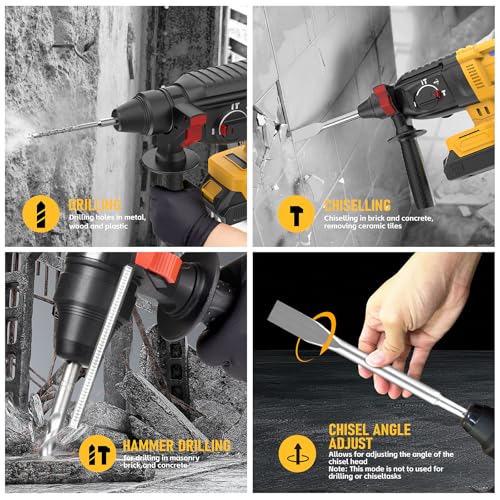 SDS Cordless Rotary Hammer Drill Compatible with Dewalt 20V Battery(NO Battery) Brushless Motor, Safety Clutch, 4 Functions with 5 Drills and Carrying Bag for Concrete/Masonry/Wood/Metal - Image 5