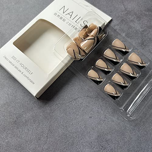 French Tip Press On Nails Medium Square Fake Nails Full Cover Glossy False Nails With Gold Foil Designs Acrylic Nude Pink Artificial Glue On Nails Stick On Nails For Women Girls #TOP2