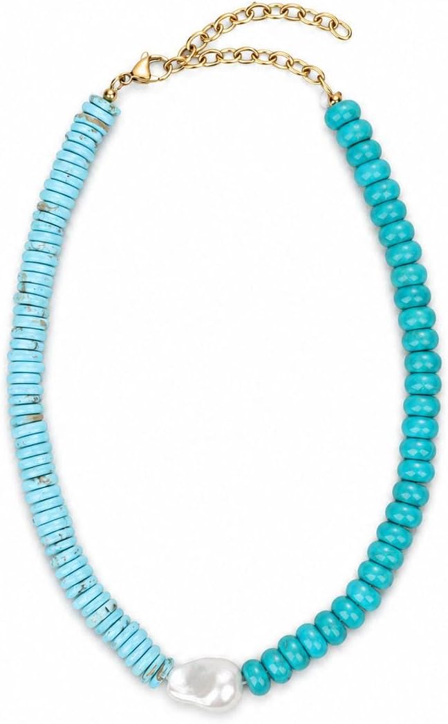 Turquoise Jewelry for Women, Turquoise Necklace, Chunky Beaded Necklace for Women with Shell Pearl, Colorful Beaded Statement Choker, Adjustable 15”+4”