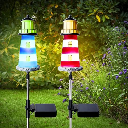 2pcs Lampes Solaires En Forme De Phare, Lampe Solaire Exterieur, Lampes Solaires D'extérieur 7 Changements De Couleur, Lumières Solaires Étanches...
