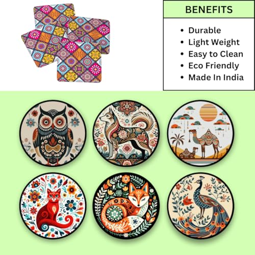 Image of Zesta Coasters for Cups Set of 6 / Wooden Coasters for Bar Accessories for Home /Tea Coaster Set of 6 / Waterproof Dining Table Decor Glass Cover (Animal B, Circle)