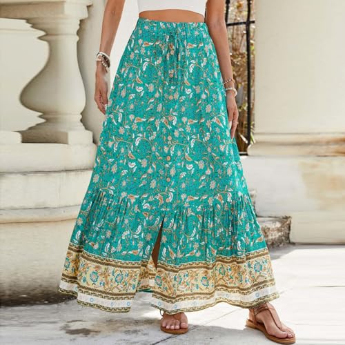 Women's Boho Long Maxi Skirt Trendy Flowy Elastic High Waist Casual Summer Beach Swing A-line Cotton Floral Skirts3