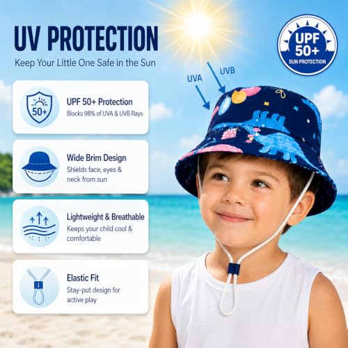 Image of VRITRAZ Unisex Kids Printed Bucket Hat | UV Protection Sun Hat with Adjustable Chin Strap & Summer Beach Travel Outdoor Cap for Toddlers & Children (4-12 Years)