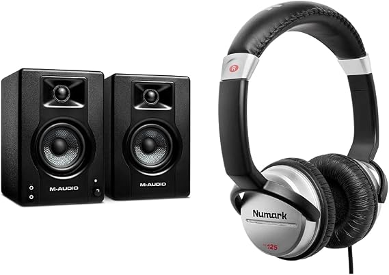 شاشات الاستوديو M-Audio BX3 3.5 ، ومكبرات الصوت عالية الدقة للكمبيوتر الشخصي للتسجيل والوسائط المتعددة باستخدام برامج إنتاج الموسيقى ، 120 واط ، زوج و Numark HF125 - سماعات DJ احترافية فائقة الحمل مع كابل 6 أقدام