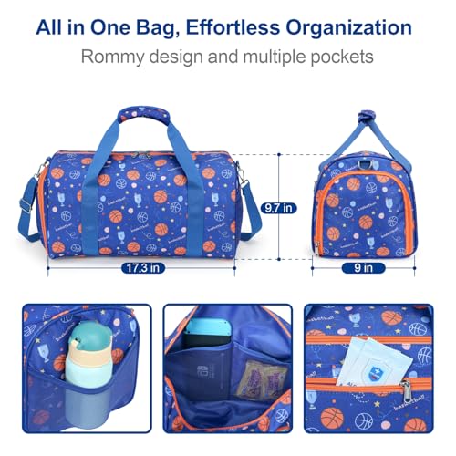 Image of Bagseri Boys Duffle Bag for Travel - Kids Gym & Sports Bag with Shoe Compartment & Water Resistant Wet Pocket, Weekender for Camping & Sleepover (Blue Basketball)