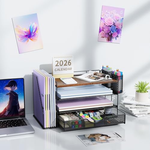Image of gianotter Desk Organizers and Accessories with File Holder, 4-Tier Desk Accessories & Workspace Organizers with Drawer and 2 Pen Holder, Paper Organizer for Office Supplies (Wood)