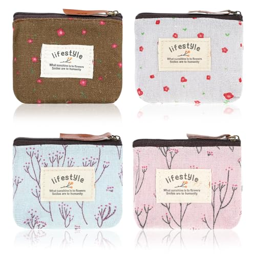 4Pcs Mini Makeup Bag, Linen Floral Pouch for Purse Small Cosmetic Bag with Zipper Portable Toiletry Organizer Cute Coin Purse Storage Pouch Bag Fabric Cosmetic Pouch for Girl Women