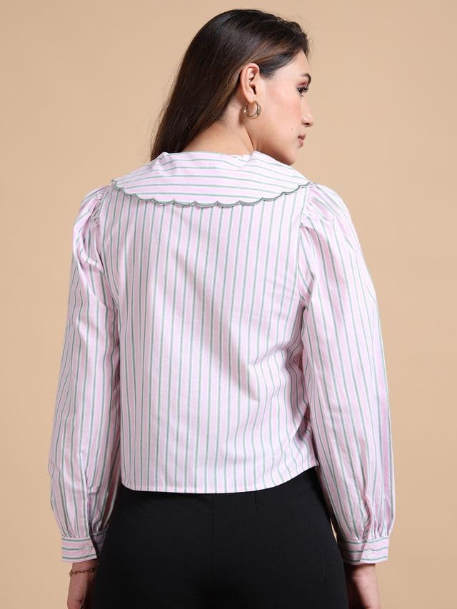 Image of Glam & Chique Women's Cotton Shirt with Scalloped Collar & Puff Sleeves XS- XL