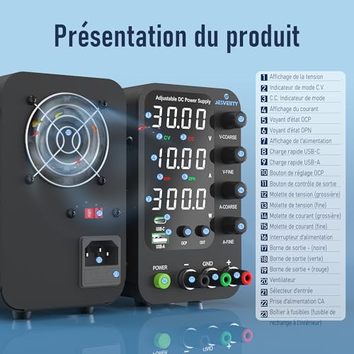 Alimentation CC variable, 0~32V 0~10A commutation réglable, alimentation régulée CC avec charge rapide USB et type-C, bouton d'encodeur, interrupteur marche/arrêt de sortie, affichage LED à 4 chiffres – vue 4