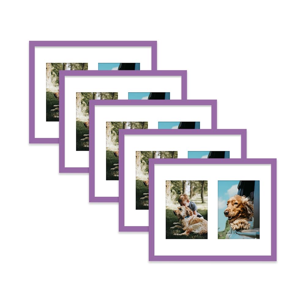 Purple Multi Photo Frame - Holds 2 x 7x5 Pictures, Family Collage Picture Frame for Wall Display, 14x11 Frame size, Set of 5