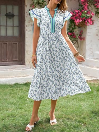Image of Wenrine Womens Summer Floral Midi Dresses Cap Sleeve Striped Sundress