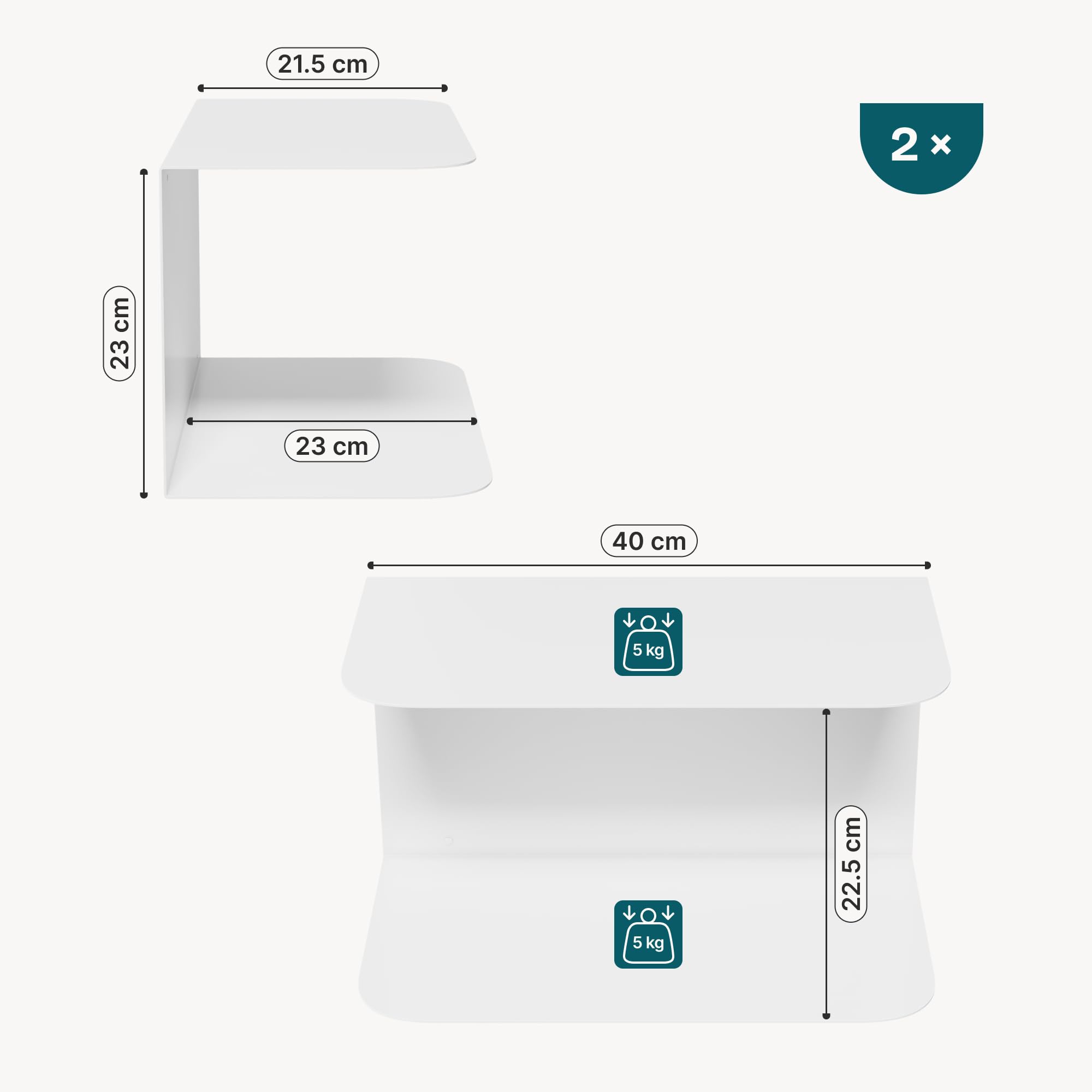 [en.casa] Set di 2 Mensole in Metallo Consolle da Parete con 2 Ripiani Comodini Sospesi a Forma di C in Stile Industriale 40x23x23cm Bianco